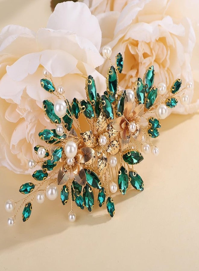 Rumtock Green Rhinestones Beads Hair Piece for Wedding Brides Bridesmaid Pearl Handmade Hair Comb for Women (Green) - Image 1